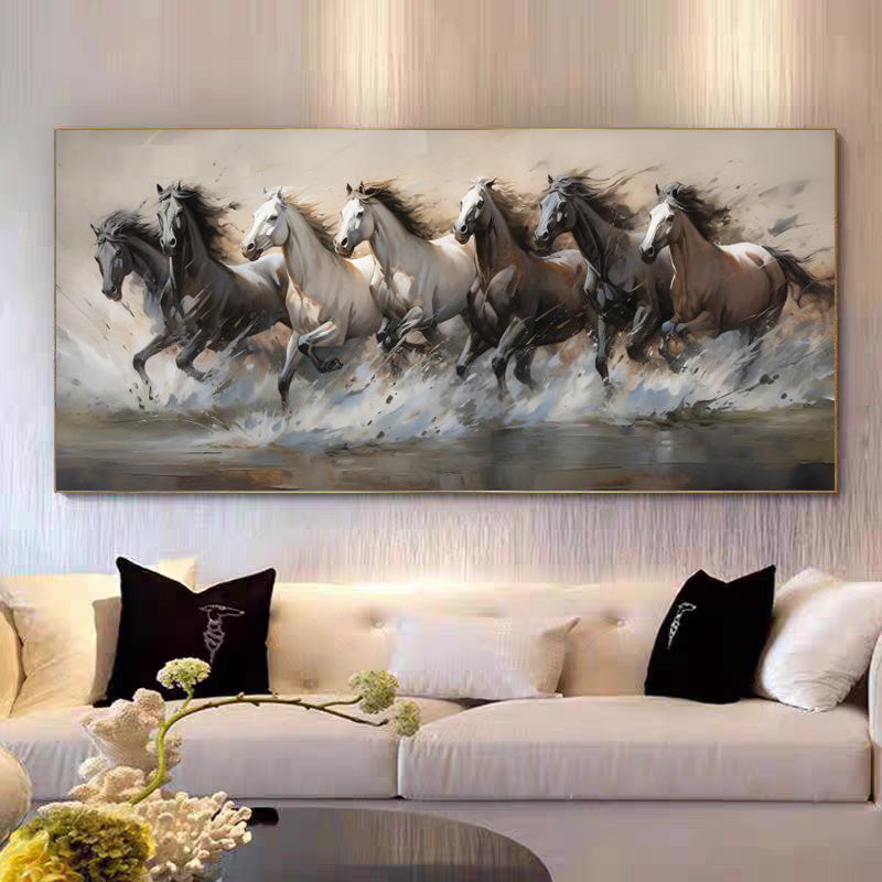Seven Horses of Prosperity Single Crystal Glass Painting & Art