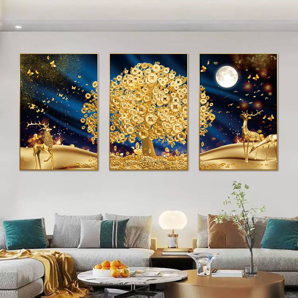 Golden Rich Money Tree Set of 3 Canvas Wall Painting & Art