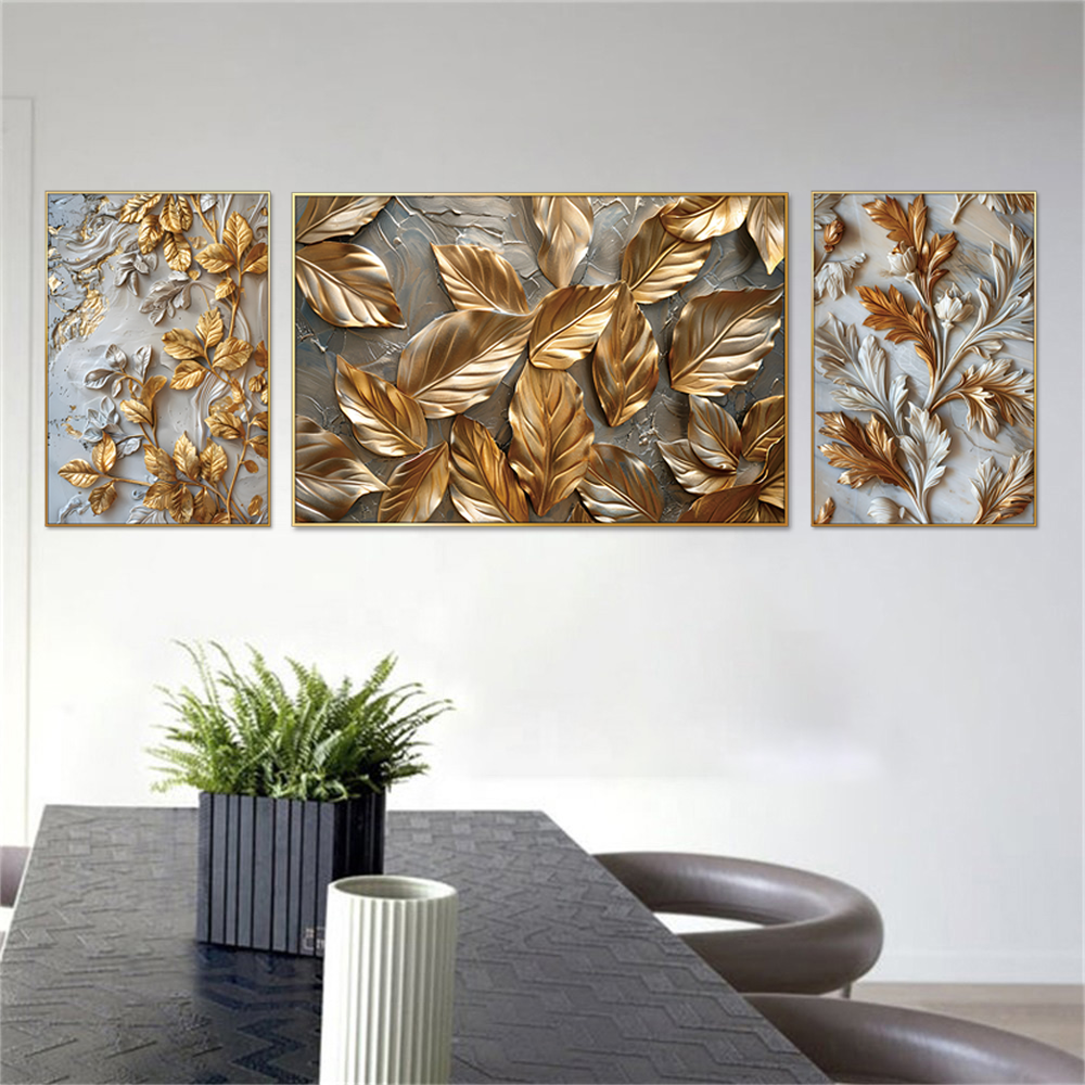 Shimmering Gold Leaves Set Of 3 Canvas Wall Painting