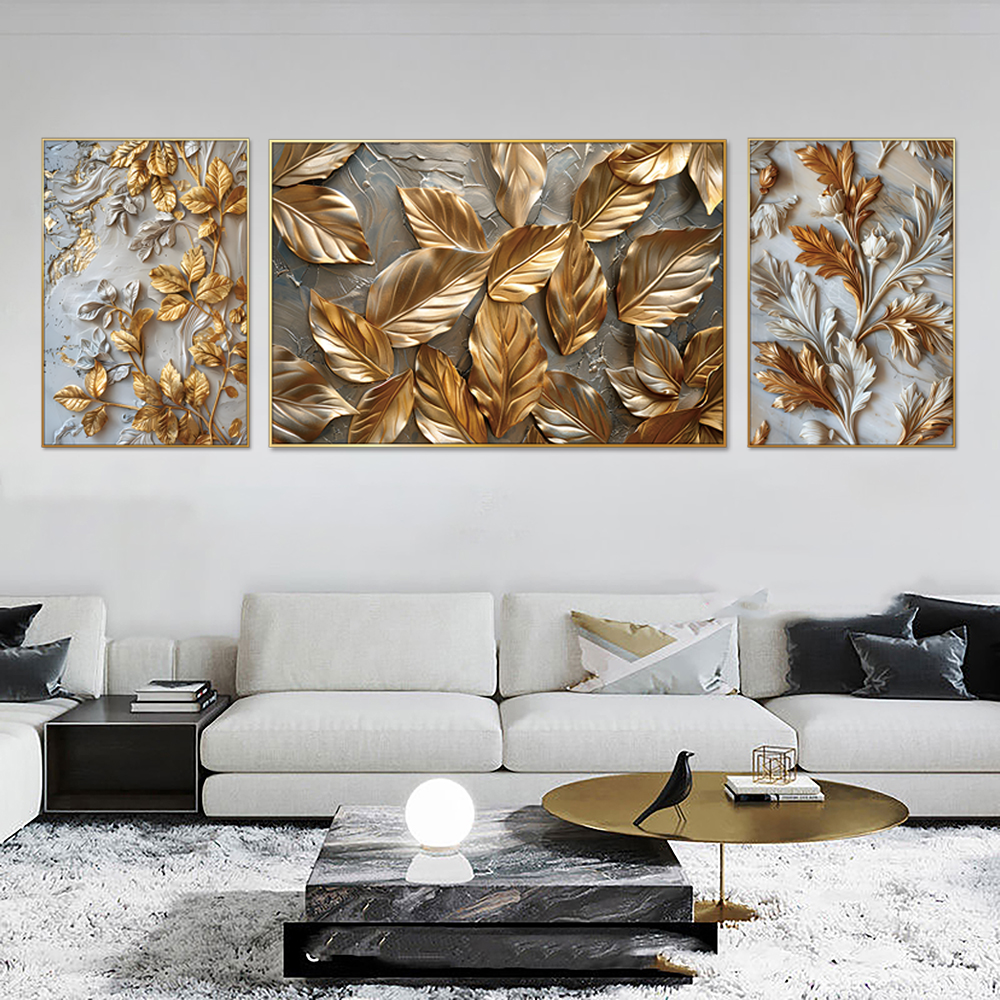 Shimmering Gold Leaves Set Of 3 Canvas Wall Painting