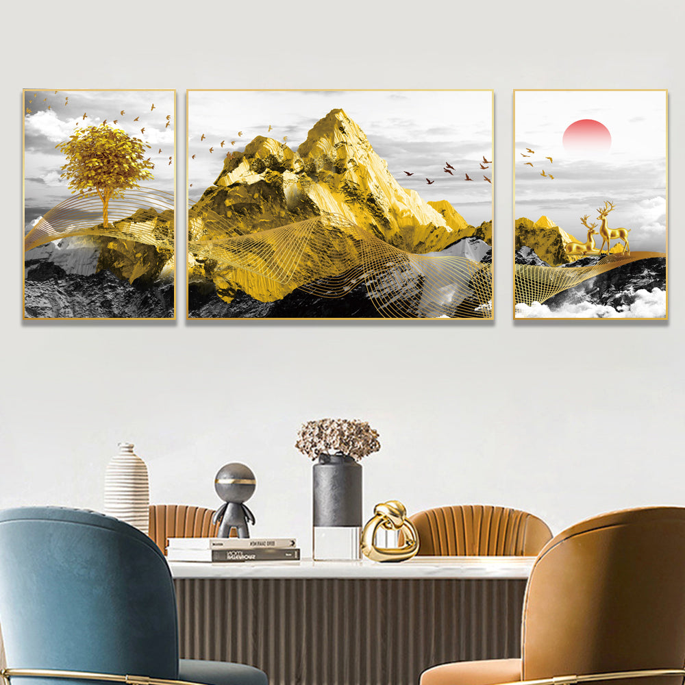 Tibetan Golden Mountain Set of 3 Canvas Wall Painting & Art