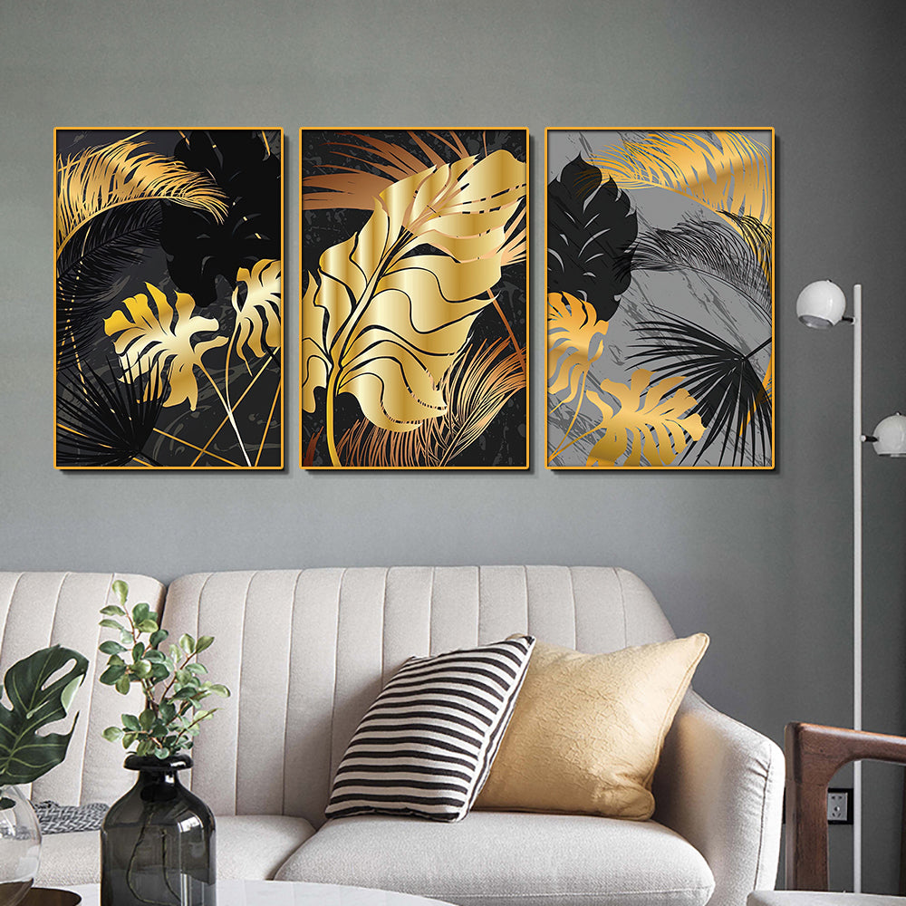 Hawaiian Golden Palm Leaves Set of 3 Canvas Wall Painting & Art