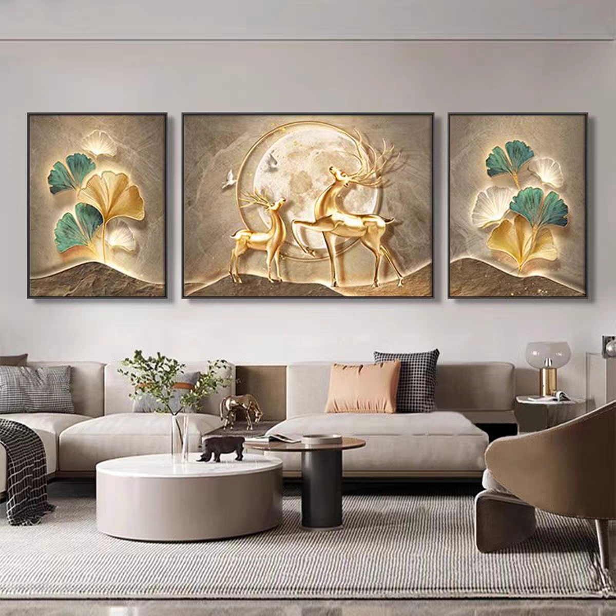 Nordic Ginkgo Deer of Prosperity Set Of 3 Crystal Glass Painting & Art