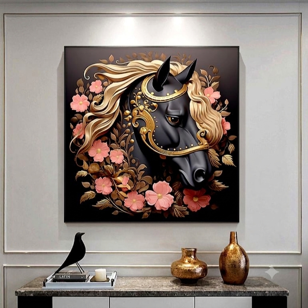 Royal Midnight Stallion Single Crystal Glass Painting & Art