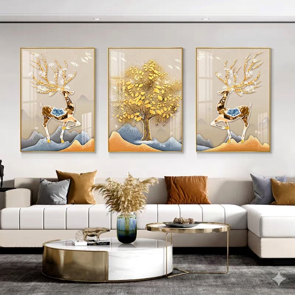 Graceful Deer & Fortune Tree Set of 3 Crystal Glass Painting & Art
