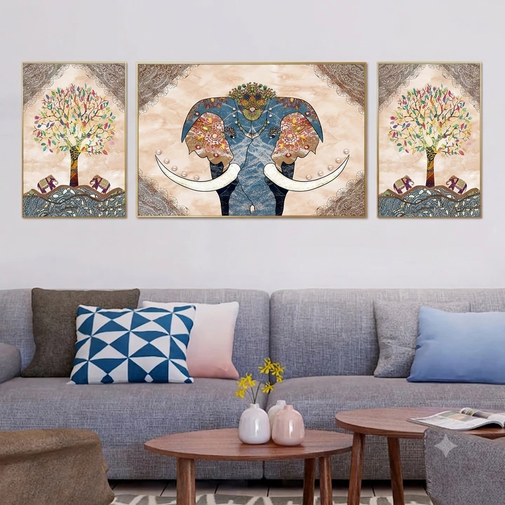 Royal Elephant of Mysore Set of 3 Canvas Wall Painting & Art