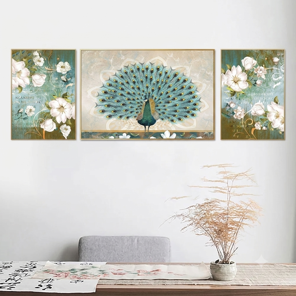 Graceful Peacock Floral Harmony Set of 3 Canvas Wall Painting & Art