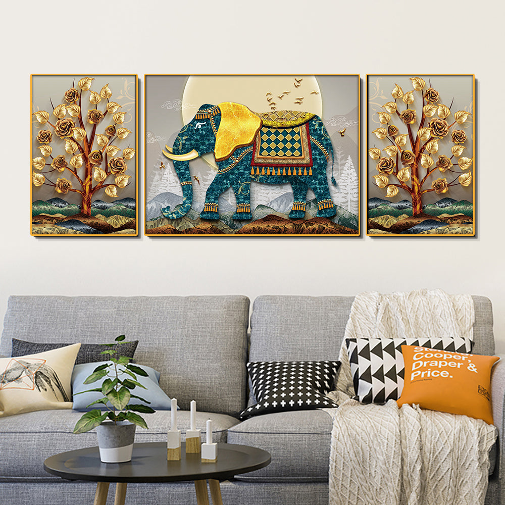 Indic Royal Elephant Set 0f 3 Canvas Wall Painting & Art