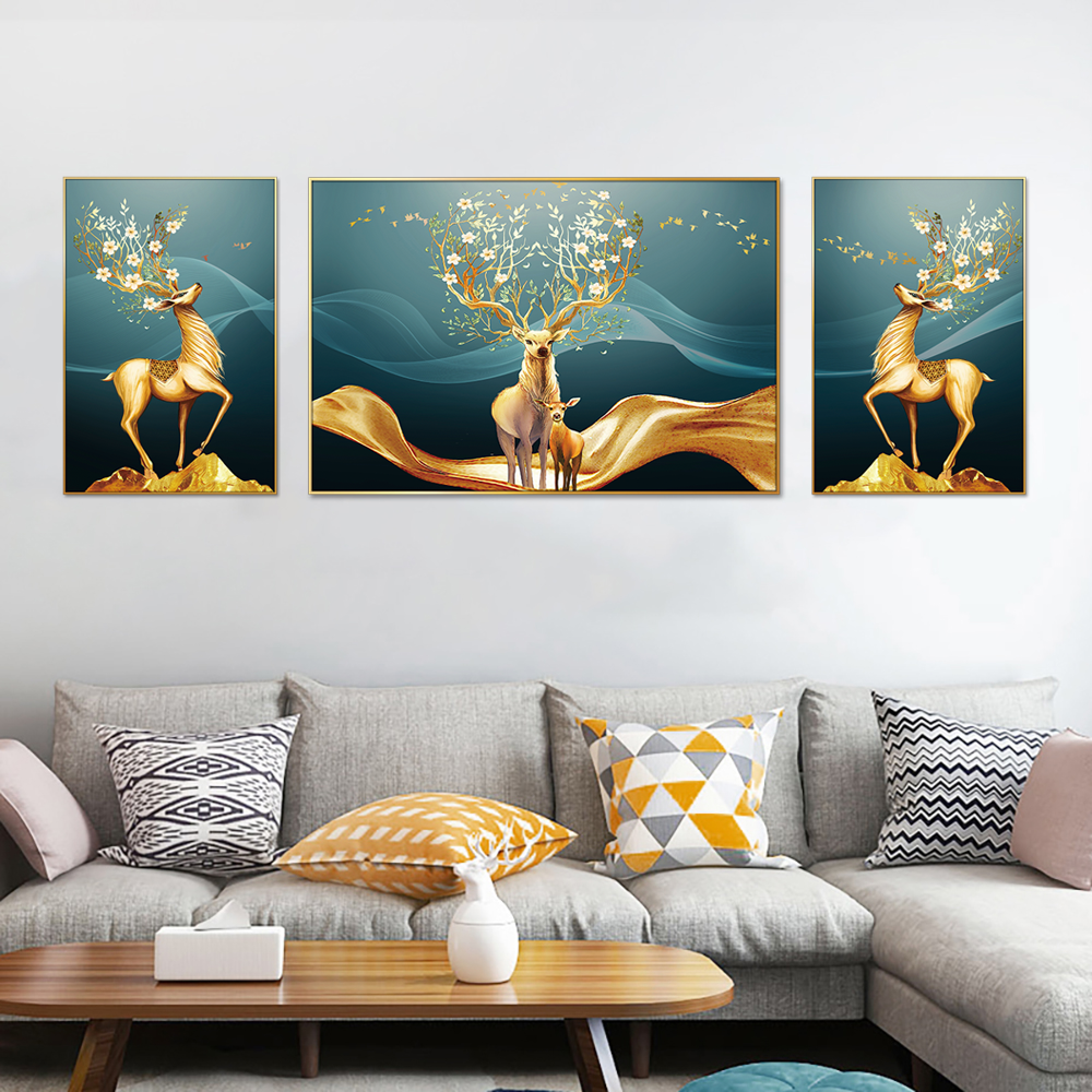 Imperial Golden Deer Set of 3 Canvas Wall Painting & Art