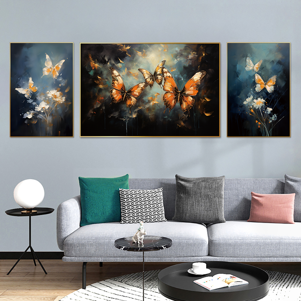 Chromatic Butterfly Elegance Set Of 3 Canvas Wall Painting & Art