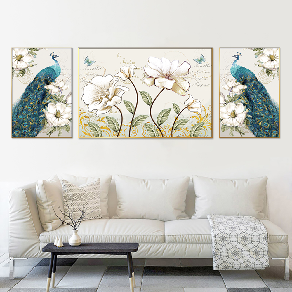 Peacock and Blooms Set Of 3 Canvas Wall Painting & Art