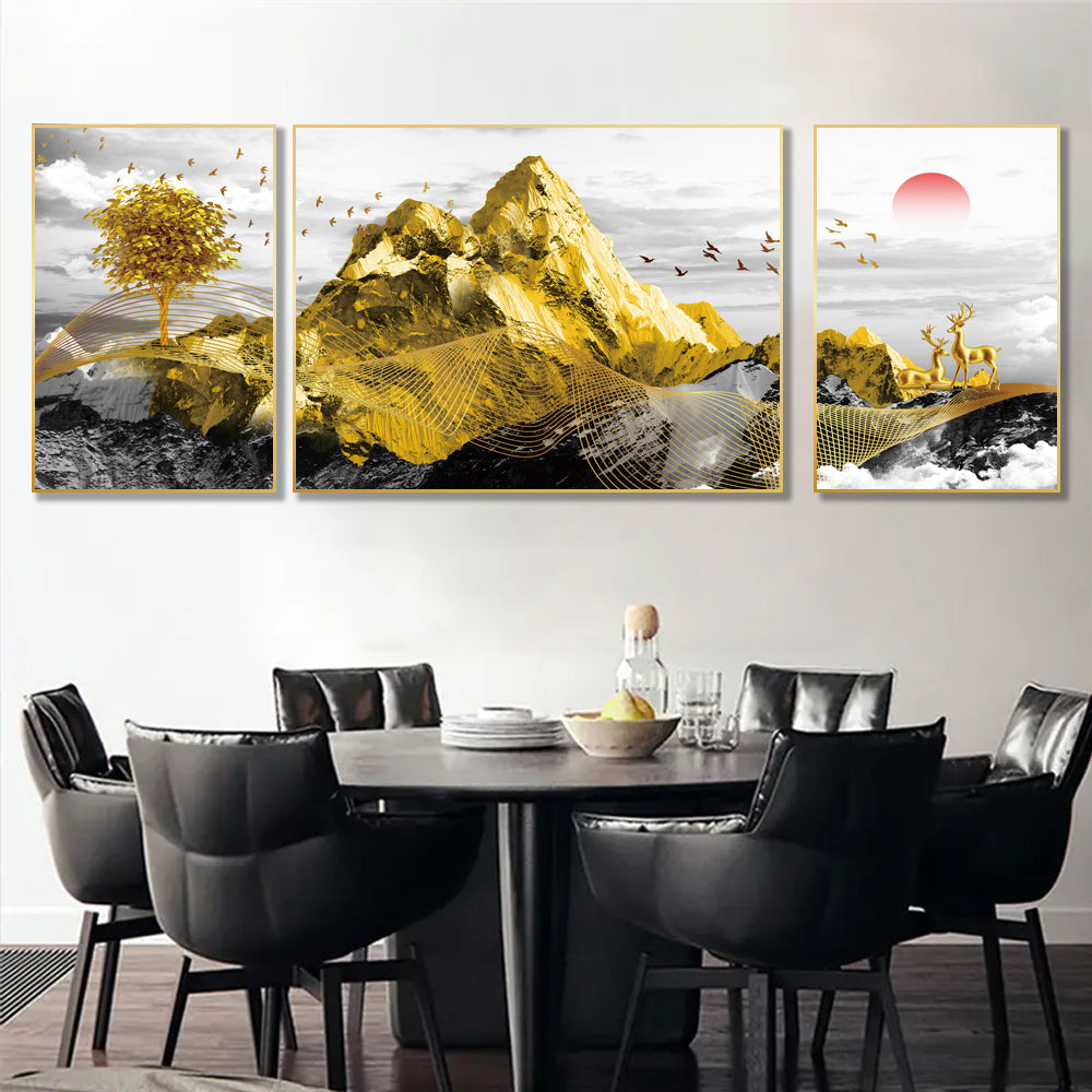Tibetan Golden Mountain Set of 3 Canvas Wall Painting & Art