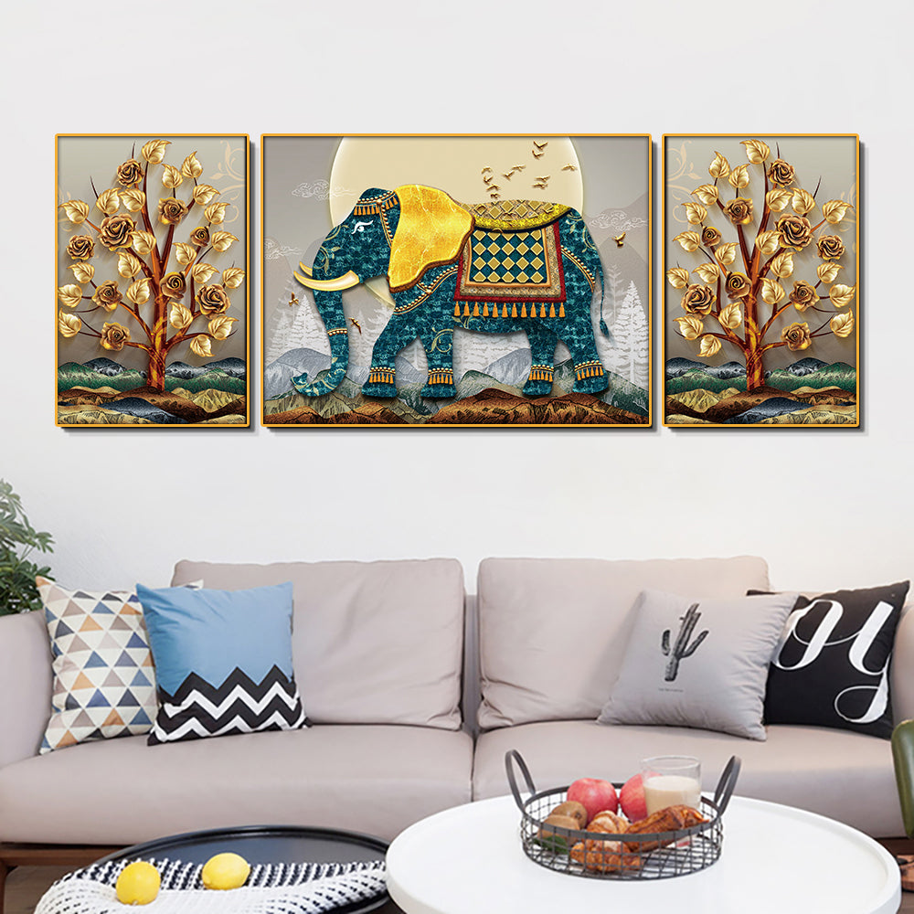Indic Royal Elephant Set 0f 3 Canvas Wall Painting & Art