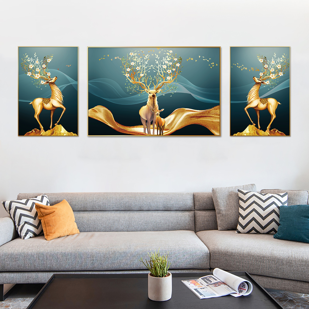 Imperial Golden Deer Set of 3 Canvas Wall Painting & Art