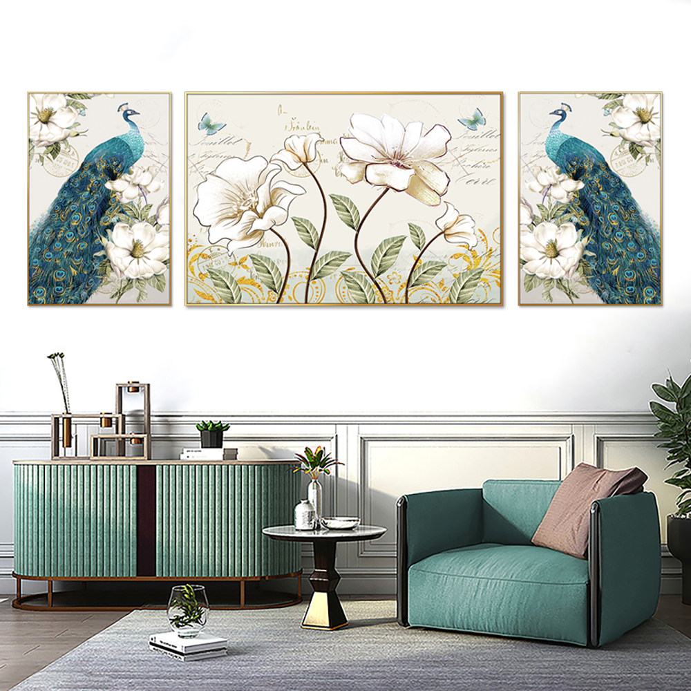 Peacock and Blooms Set Of 3 Canvas Wall Painting & Art