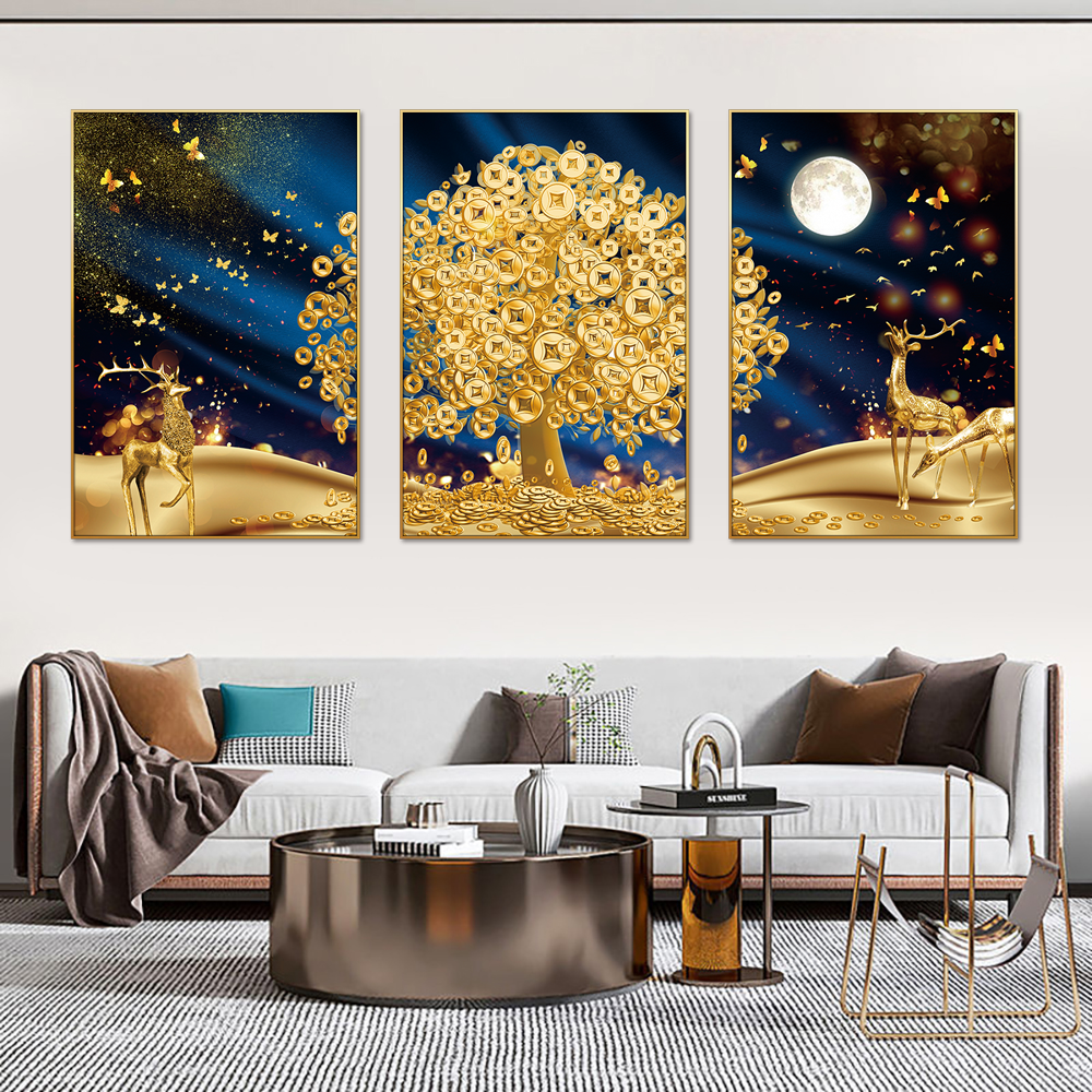 Golden Rich Money Tree Set of 3 Canvas Wall Painting & Art