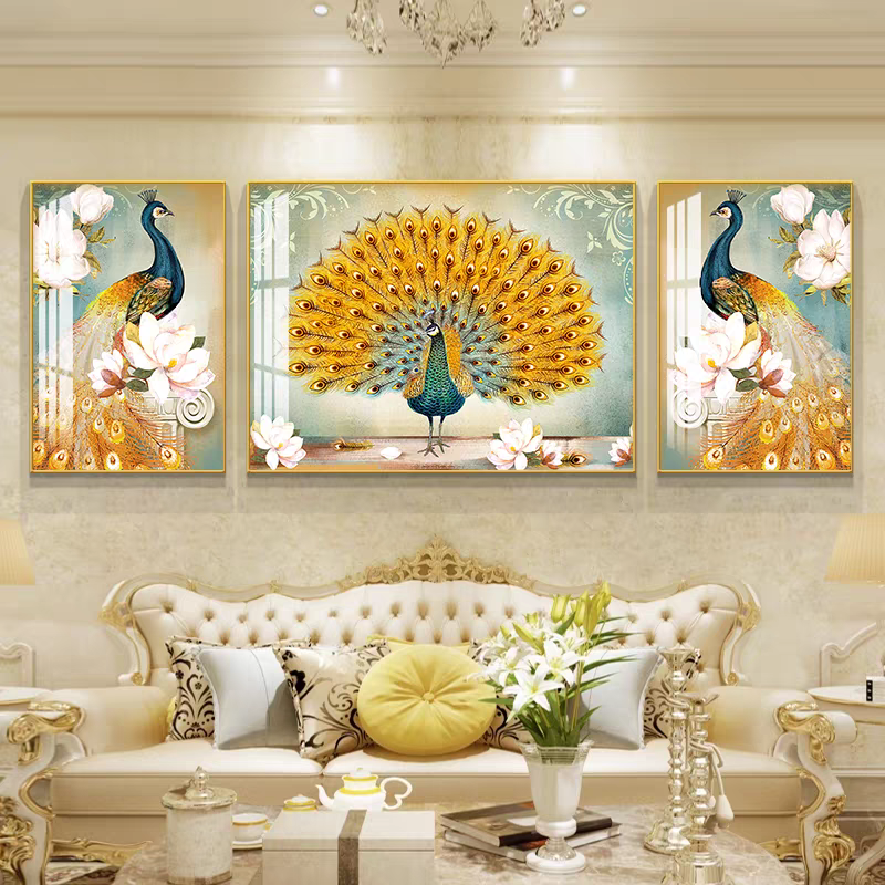 Dancing Peacock Set Of 3 Crystal Glass Painting & Art