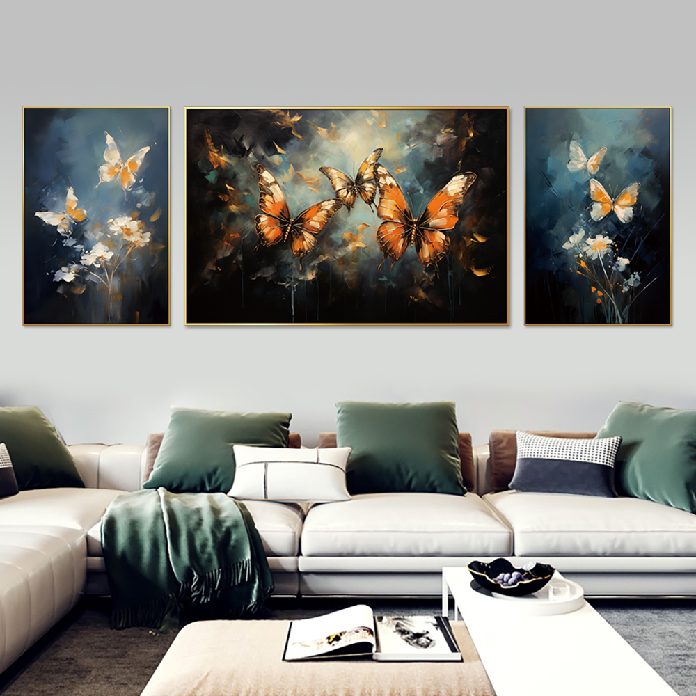 Chromatic Butterfly Elegance Set Of 3 Canvas Wall Painting & Art