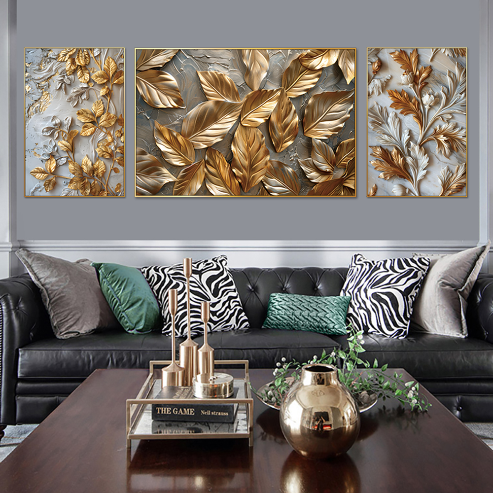 Shimmering Gold Leaves Set Of 3 Canvas Wall Painting