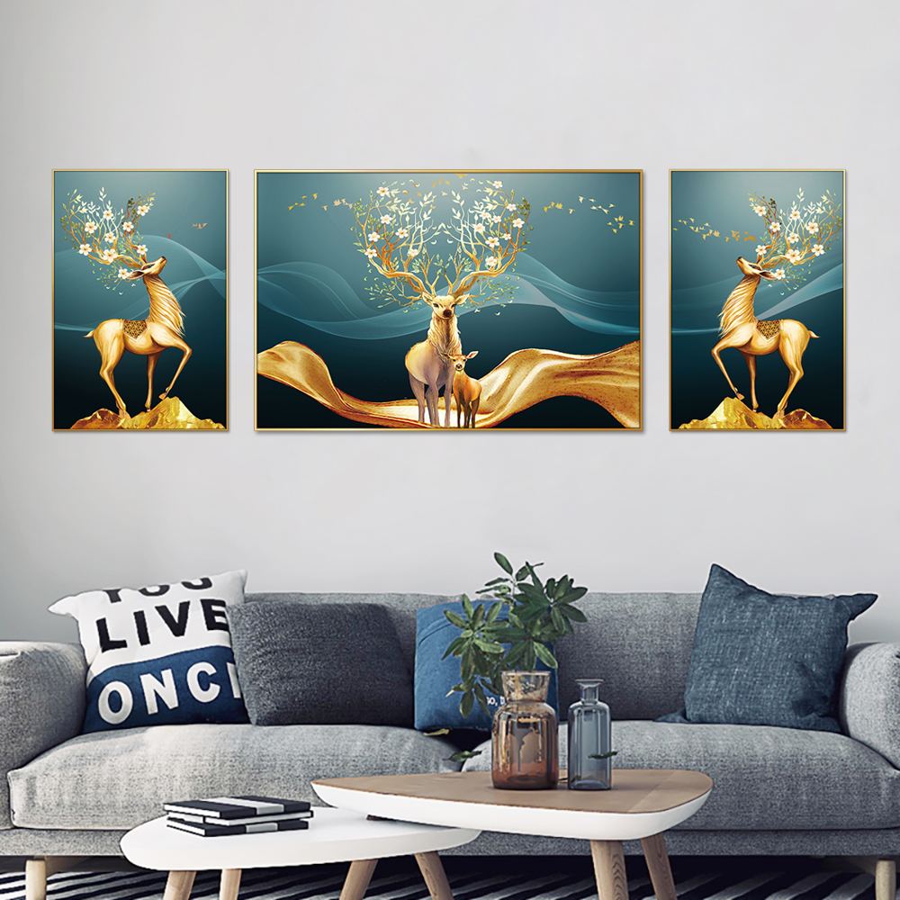 Imperial Golden Deer Set of 3 Canvas Wall Painting & Art