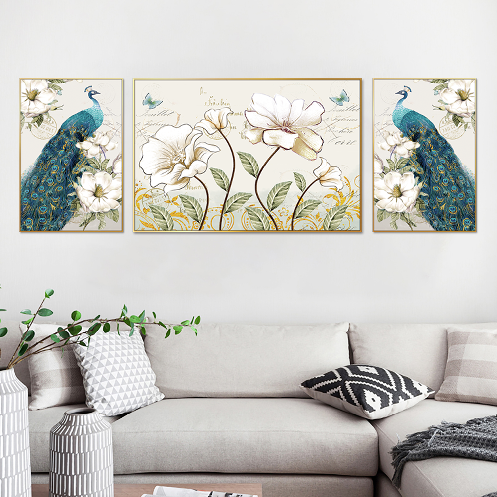 Peacock and Blooms Set Of 3 Canvas Wall Painting & Art
