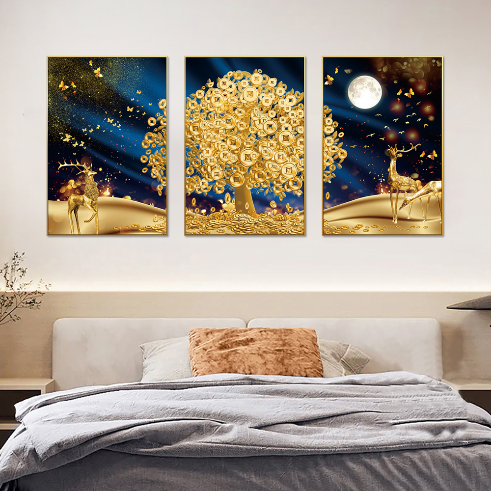 Golden Rich Money Tree Set of 3 Canvas Wall Painting & Art