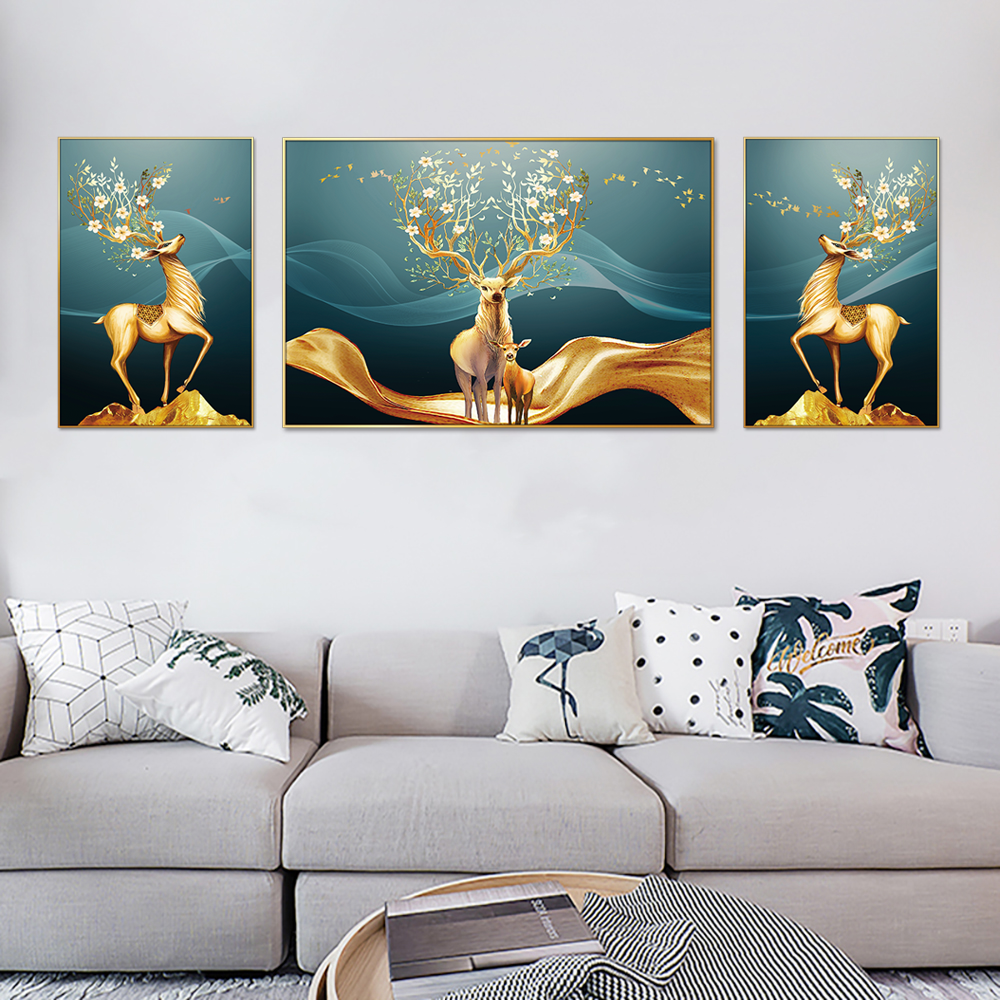Imperial Golden Deer Set of 3 Canvas Wall Painting & Art