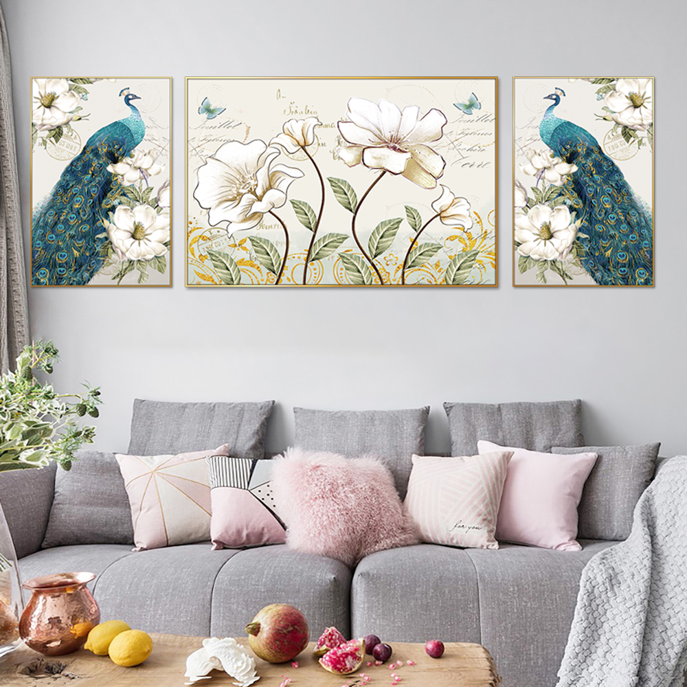 Peacock and Blooms Set Of 3 Canvas Wall Painting & Art