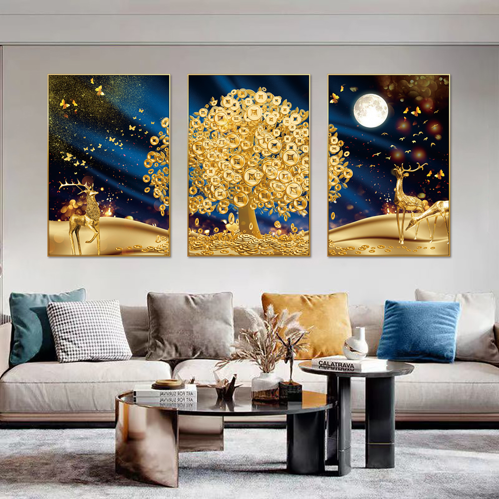 Golden Rich Money Tree Set of 3 Canvas Wall Painting & Art