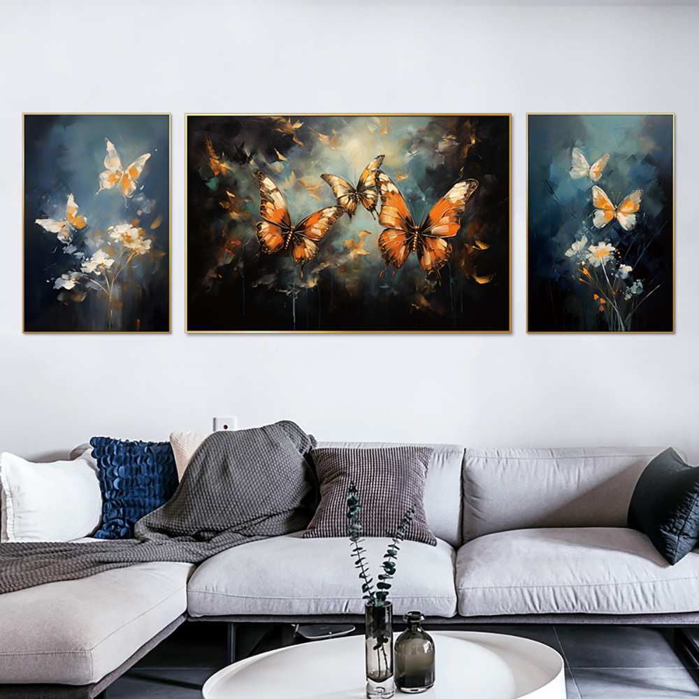 Chromatic Butterfly Elegance Set Of 3 Canvas Wall Painting & Art