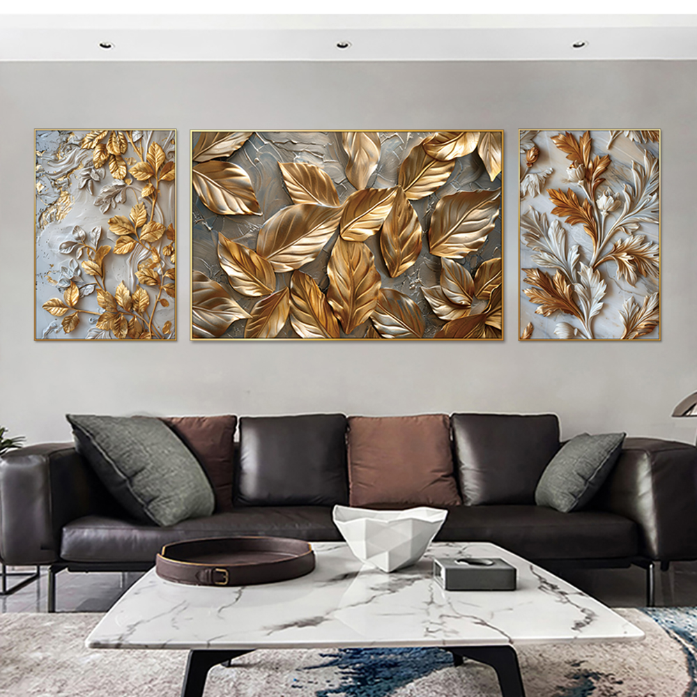 Shimmering Gold Leaves Set Of 3 Canvas Wall Painting