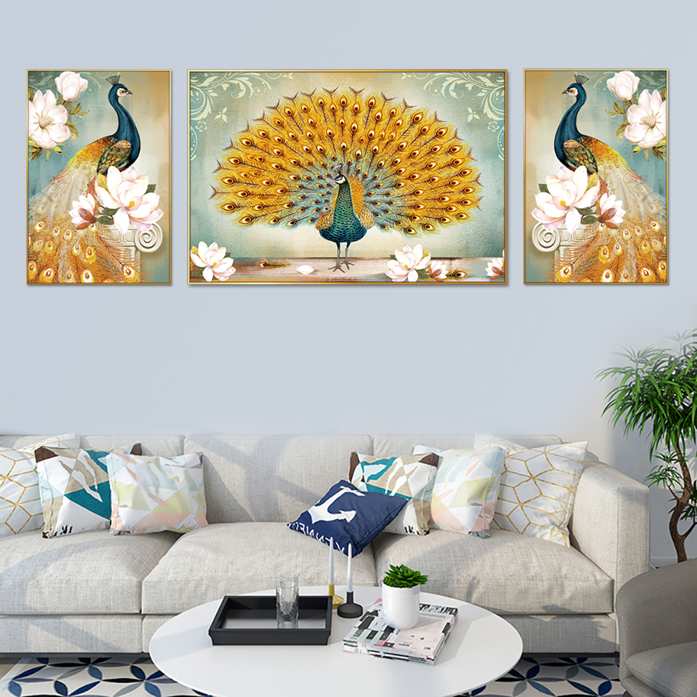 Dancing Peacock Set Of 3 Canvas Wall Painting & Art