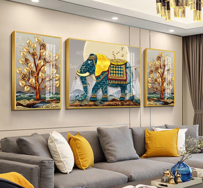 Indic Royal Elephant Set of 3 Crystal Glass Painting & Art