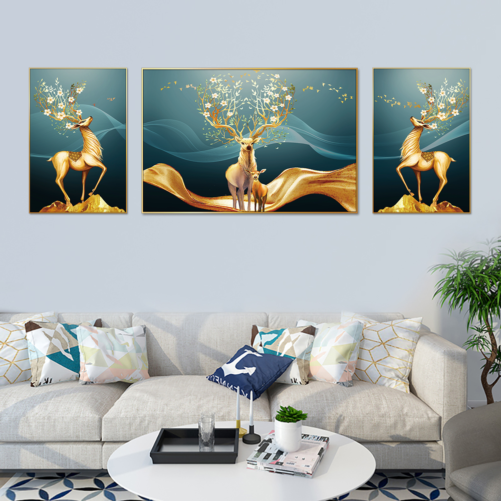 Imperial Golden Deer Set of 3 Canvas Wall Painting & Art