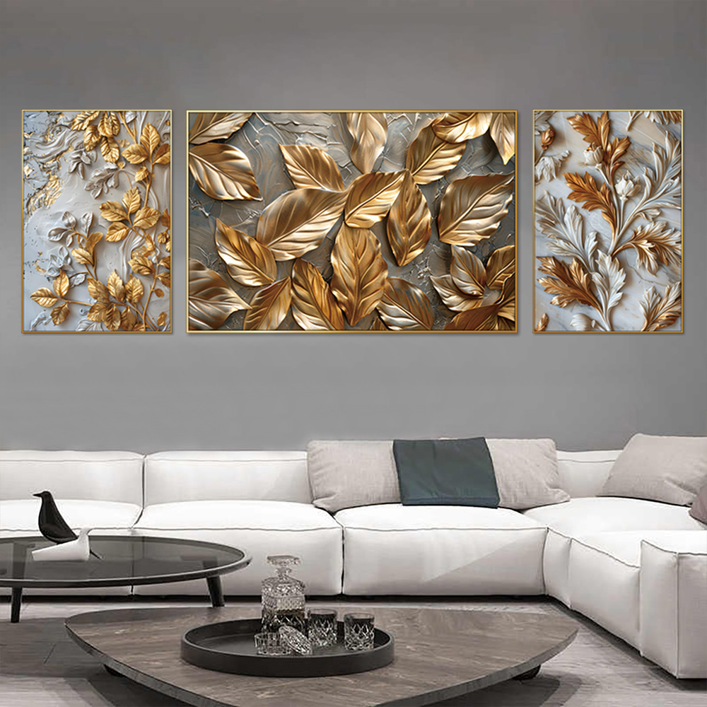 Shimmering Gold Leaves Set Of 3 Canvas Wall Painting