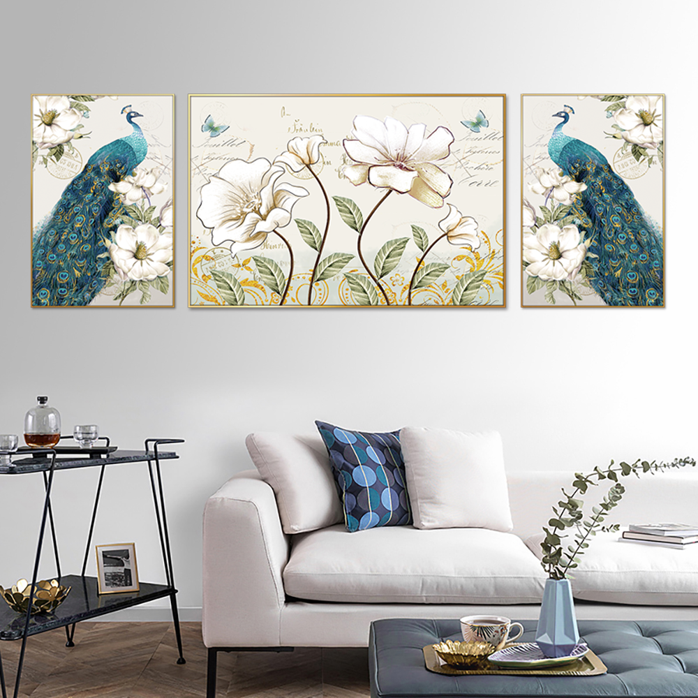 Peacock and Blooms Set Of 3 Canvas Wall Painting & Art