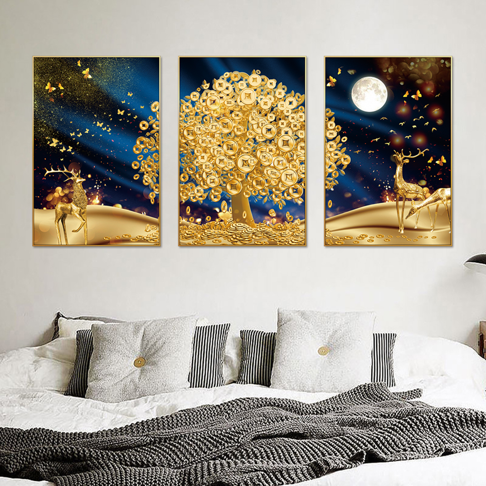 Golden Rich Money Tree Set of 3 Canvas Wall Painting & Art