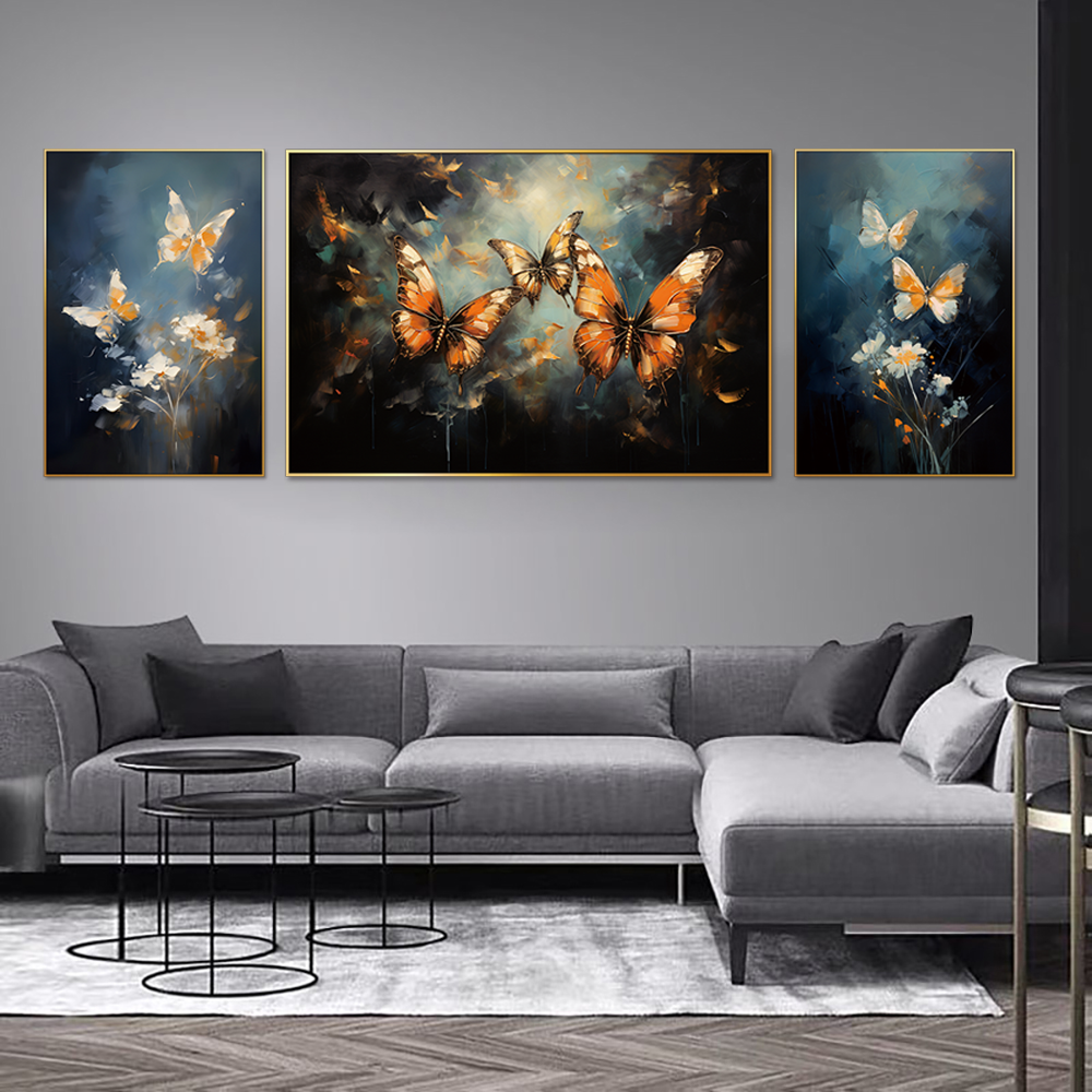 Chromatic Butterfly Elegance Set Of 3 Canvas Wall Painting & Art