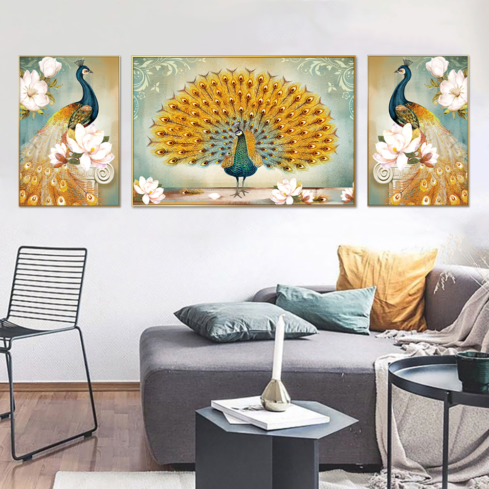 Dancing Peacock Set Of 3 Canvas Wall Painting & Art