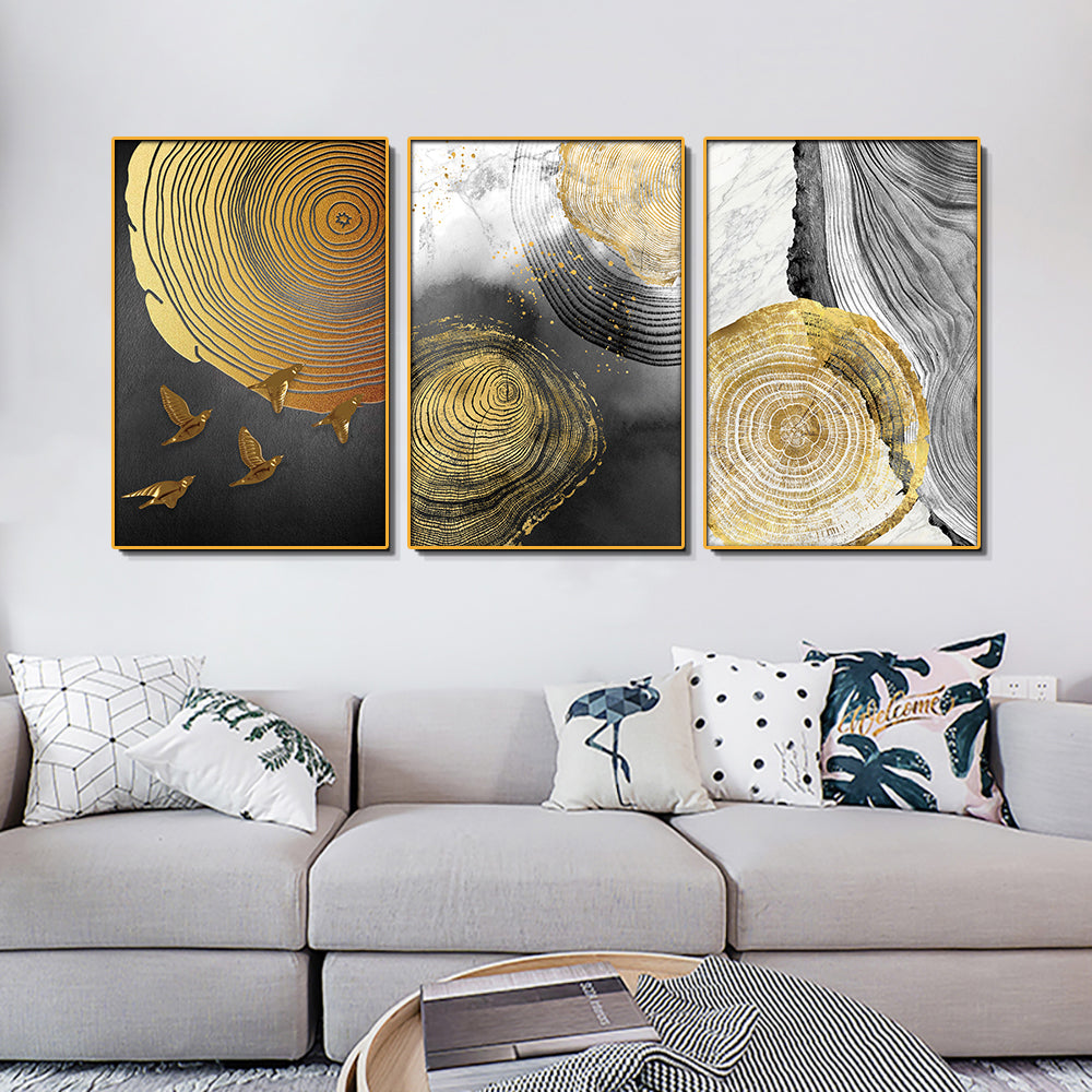 Abstract Modern Wood Rings Set of 3 Canvas Wall Painting & Art