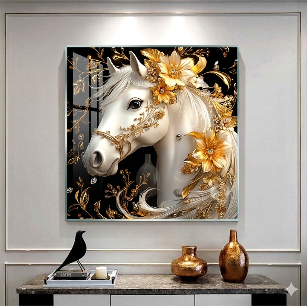 Elegant Stallion Grace Single Crystal Glass Painting & Art