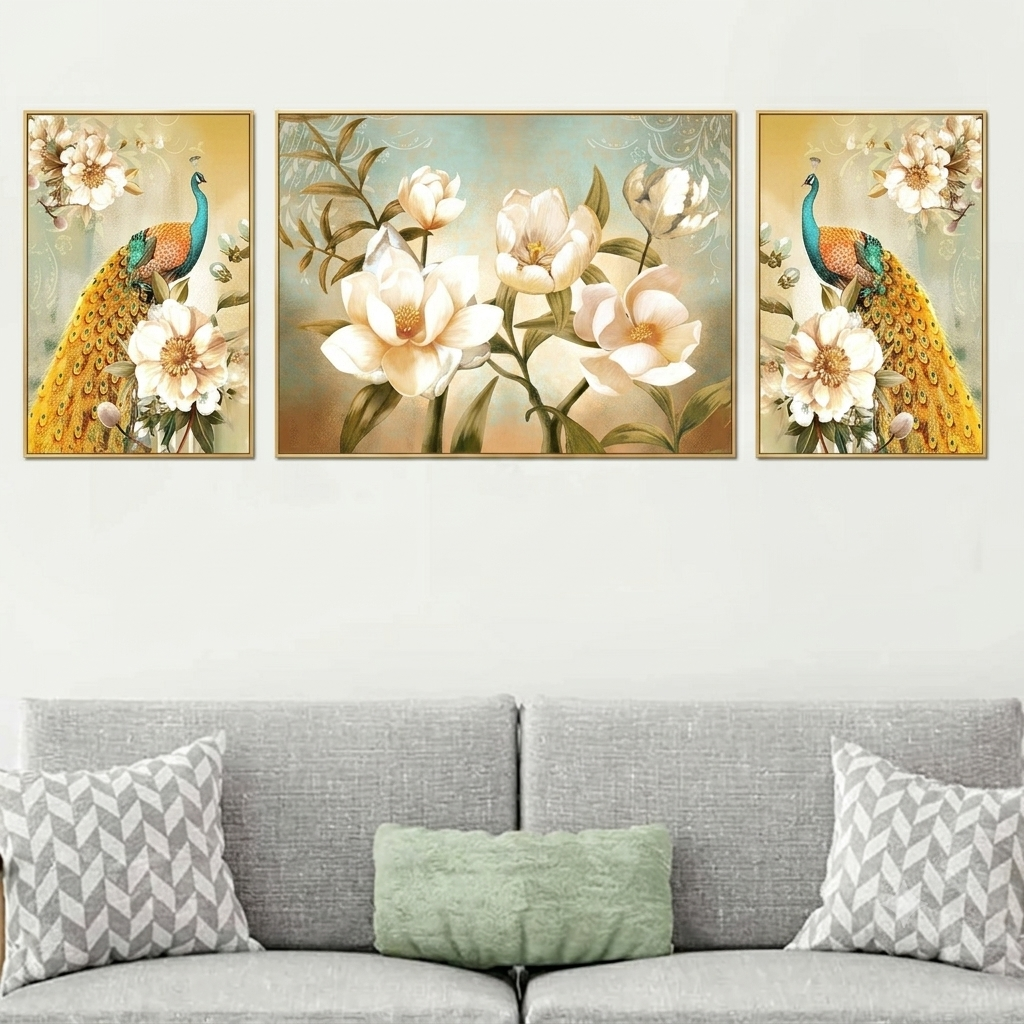 Blooming Peacock Harmony Set of 3 Canvas Wall Painting & Art