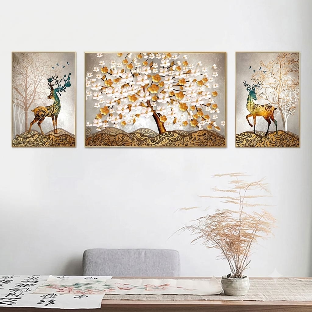 Mystic Deer in Wildereness Set of 3 Canvas Wall Painting & Art