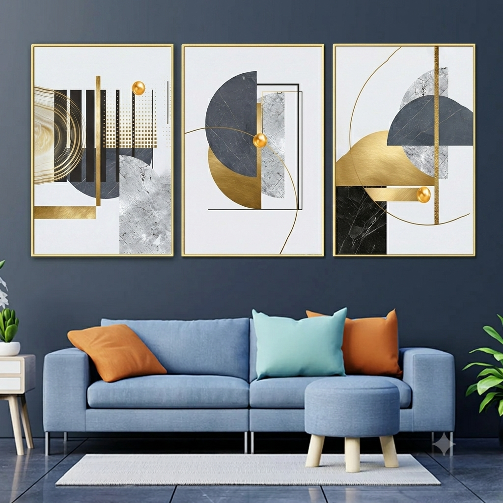 Modern Abstract Geometry Set of 3 Canvas Wall Painting & Art