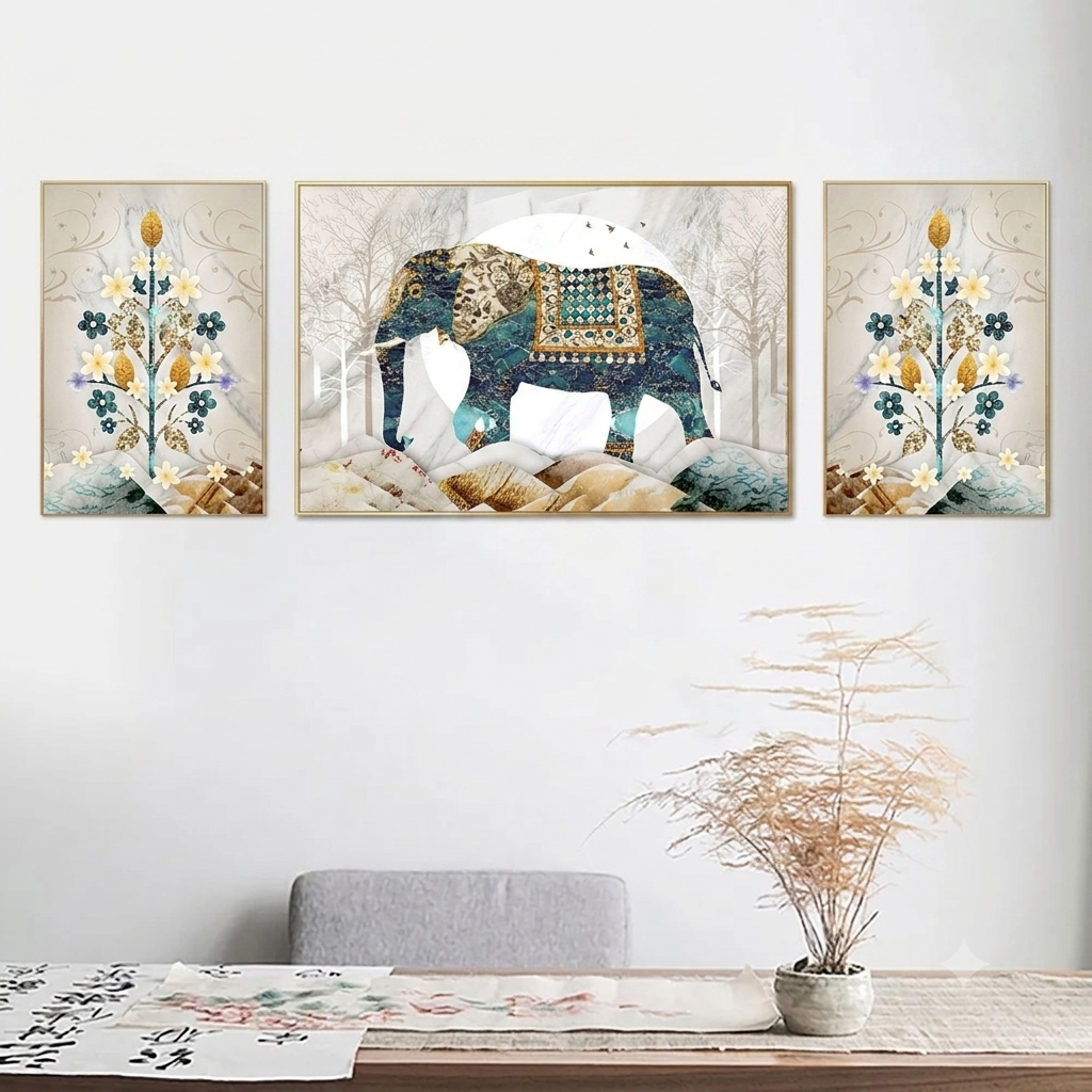 Royal Elephant of Wisdom Set of 3 Canvas Wall Painting & Art