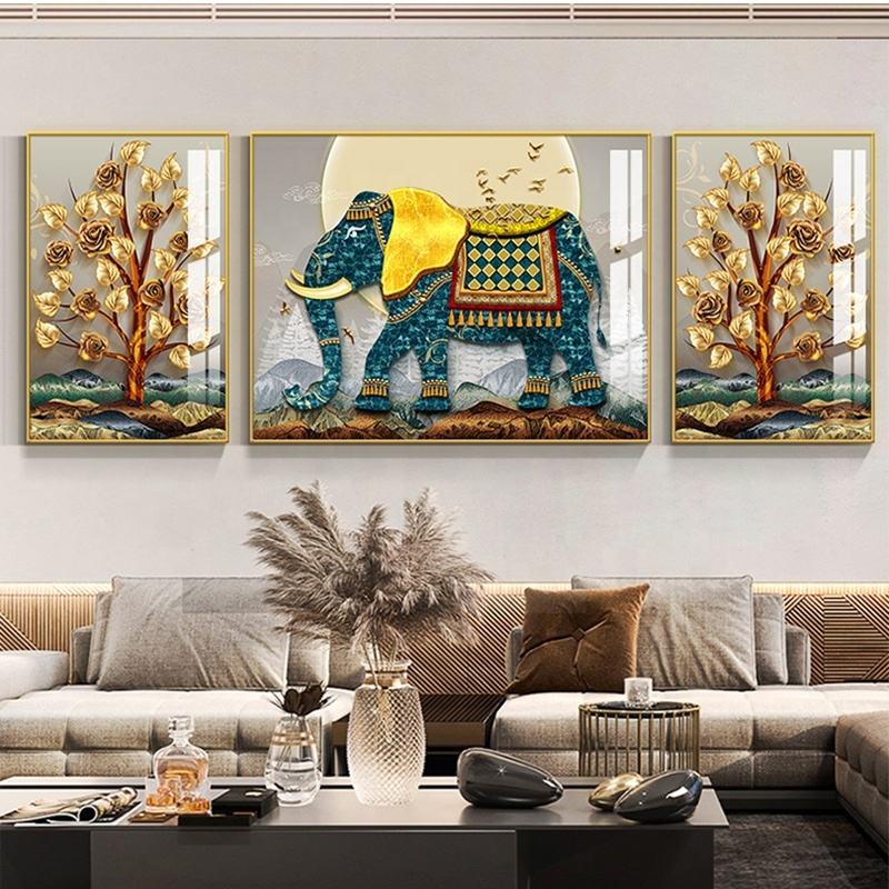 Indic Royal Elephant Set of 3 Crystal Glass Painting & Art