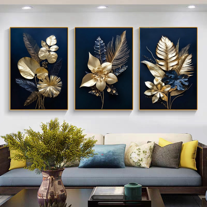 Midnight Golden Botanicals Set of 3 Crystal Glass Paintings & Wall Art