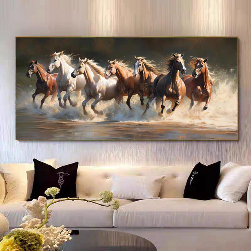 Seven Horses for Wealth Single Crystal Glass Painting & Art